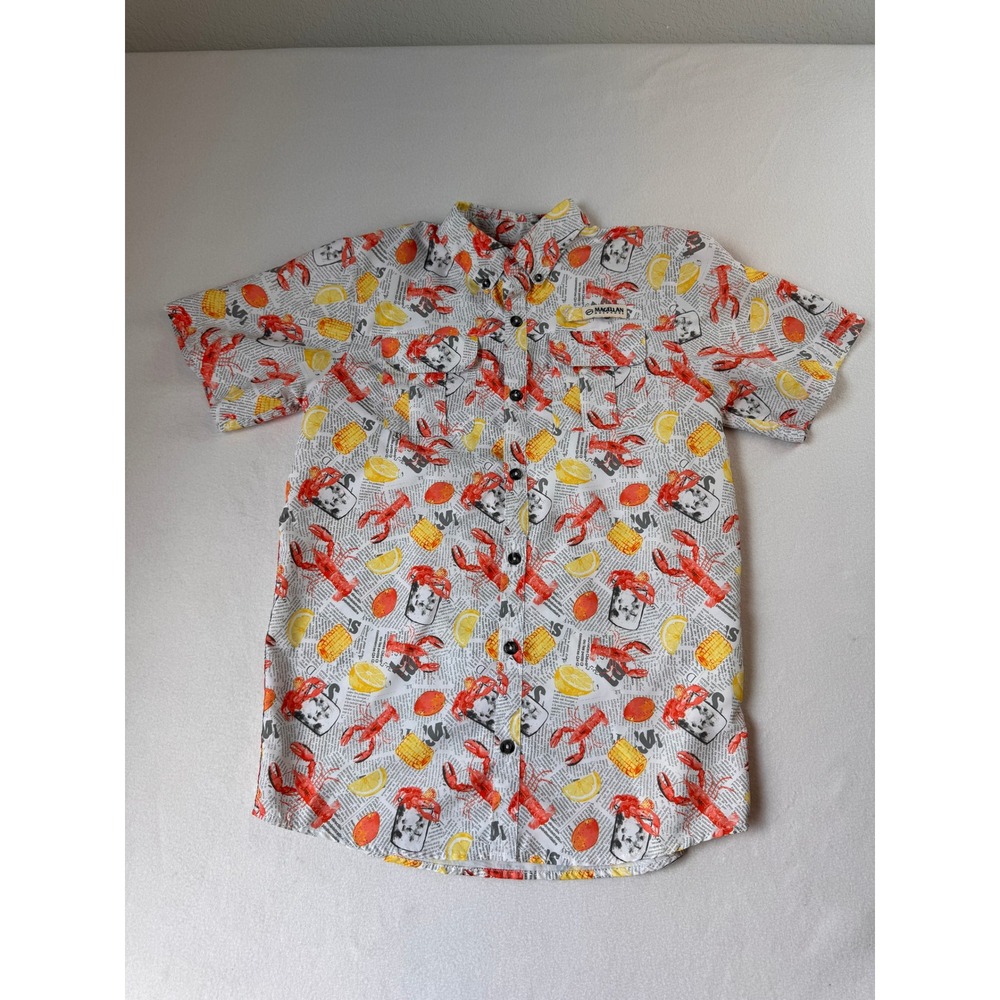 Magellan Boys Large Red Yellow Crawfish Fishing Shirt Short Sleeve Fish Gear